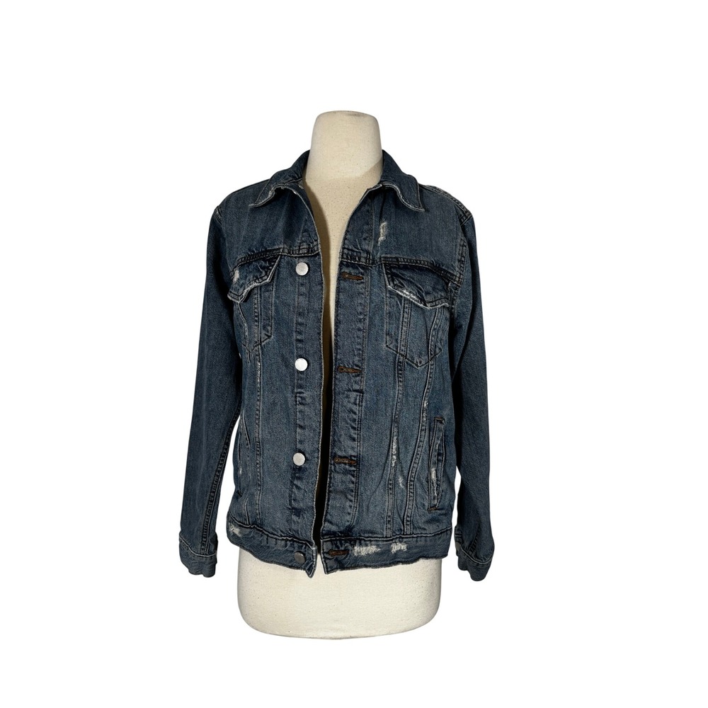 DL1961 Women Distressed Denim Trucker Jacket Medium Blue Button Up Jean SZ S